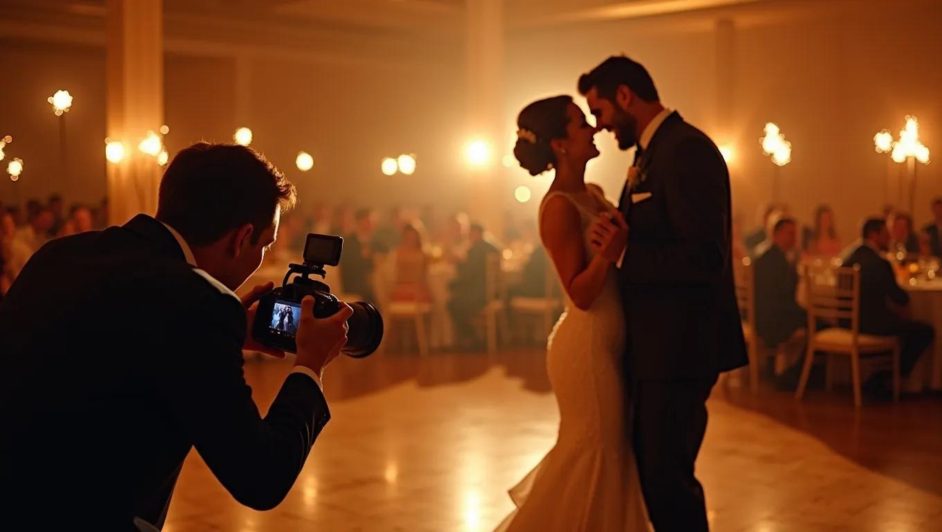 Couple de mariés et prestataire préparant un moment de mariage